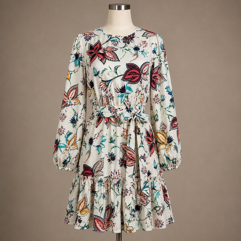 Baltic Born Floral Paisley Mini Dress XS Cream Long Sleeve Ruffle Tie Waist